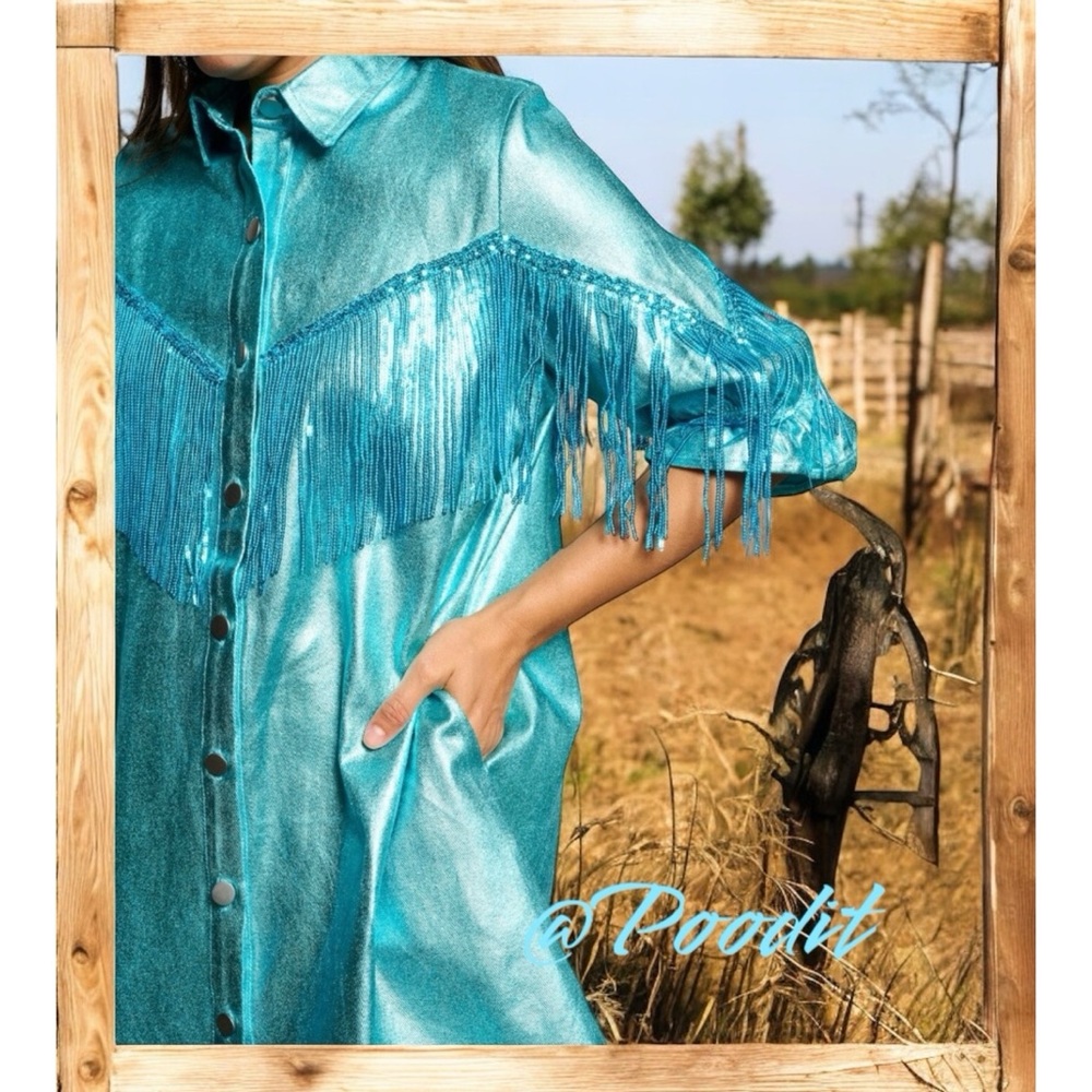 FANTASTIC FAWN Western vibe metallic aqua dress S M L - Picture 5 of 8